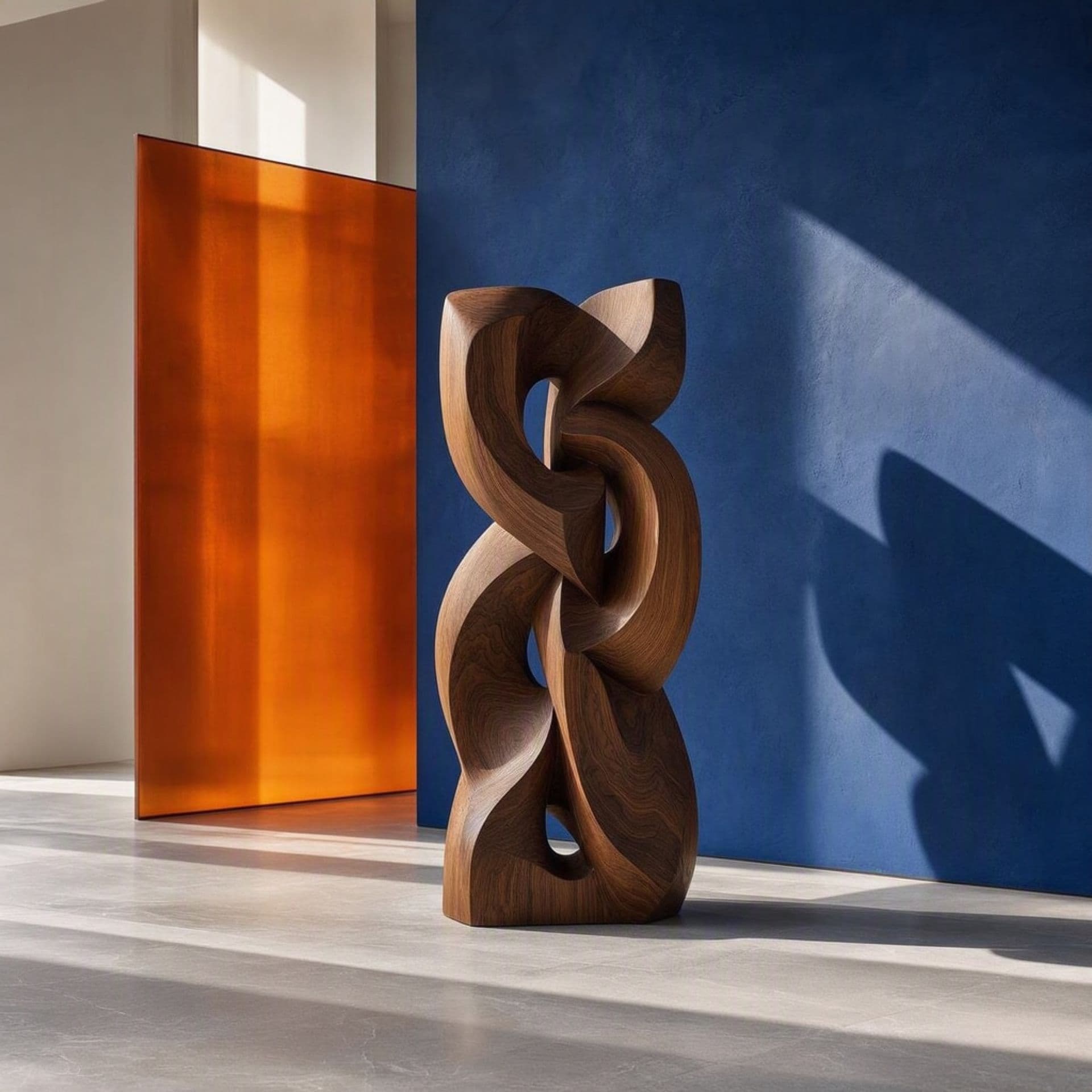 A carved wood sculpture staged against cobalt and amber art panels