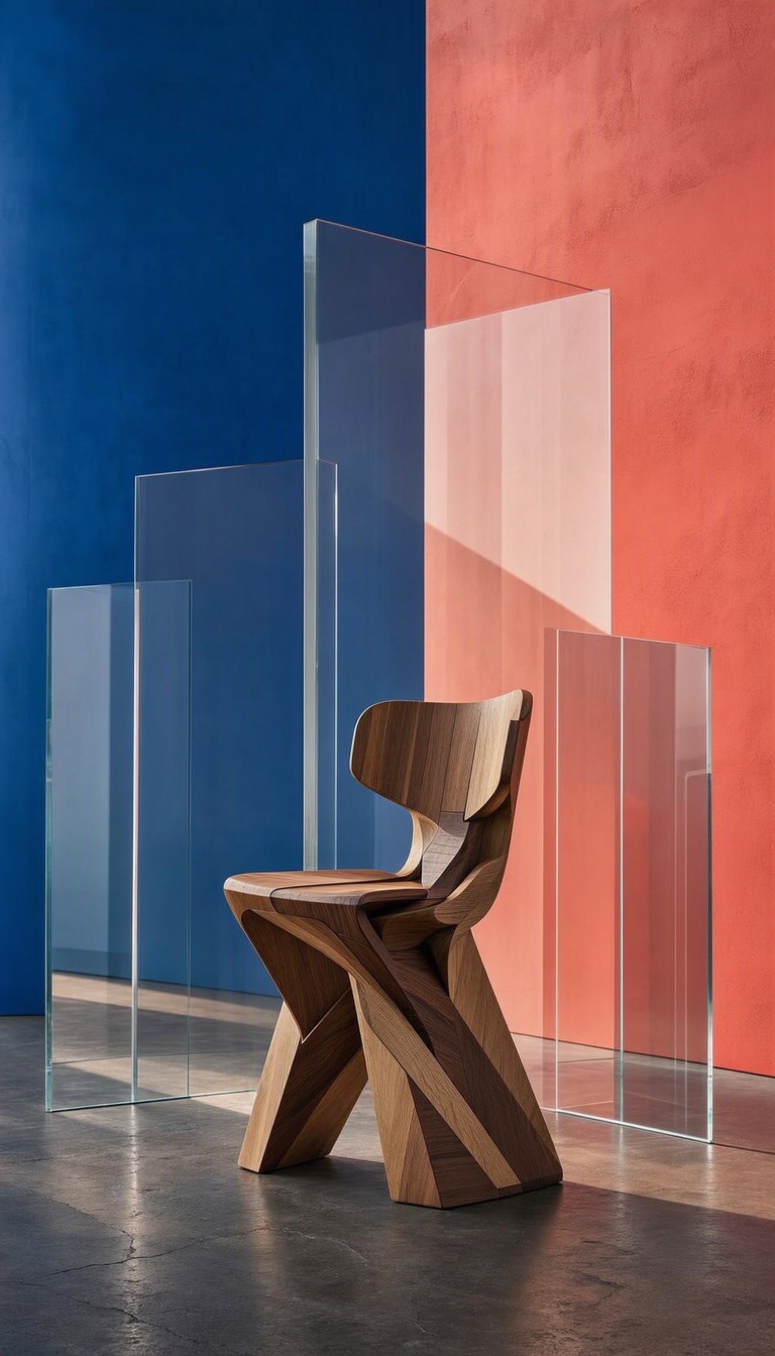 A sculptural timber chair framed by transparent glass and bold art walls