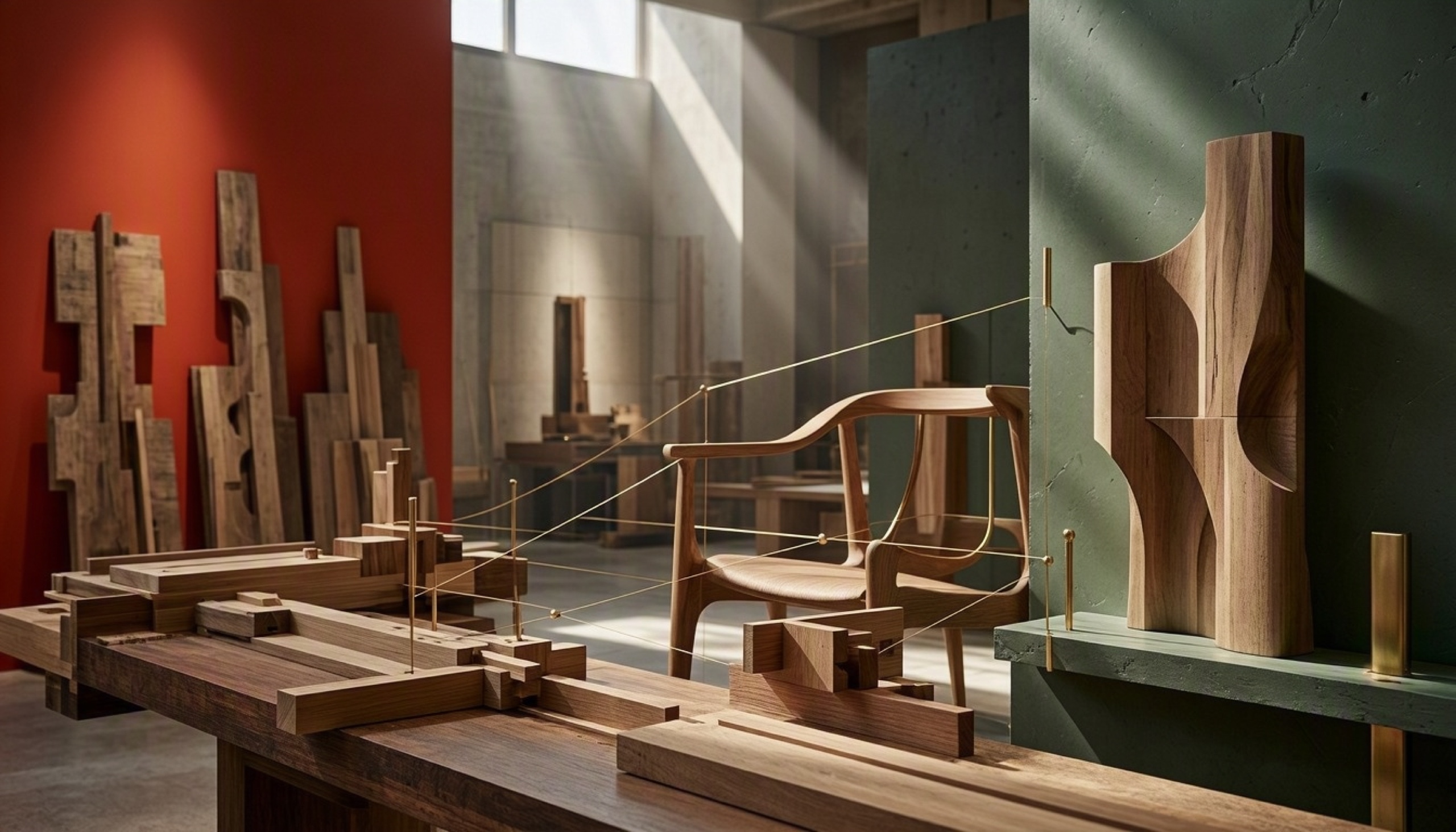 Wooden components and finished forms connected across a gallery workshop
