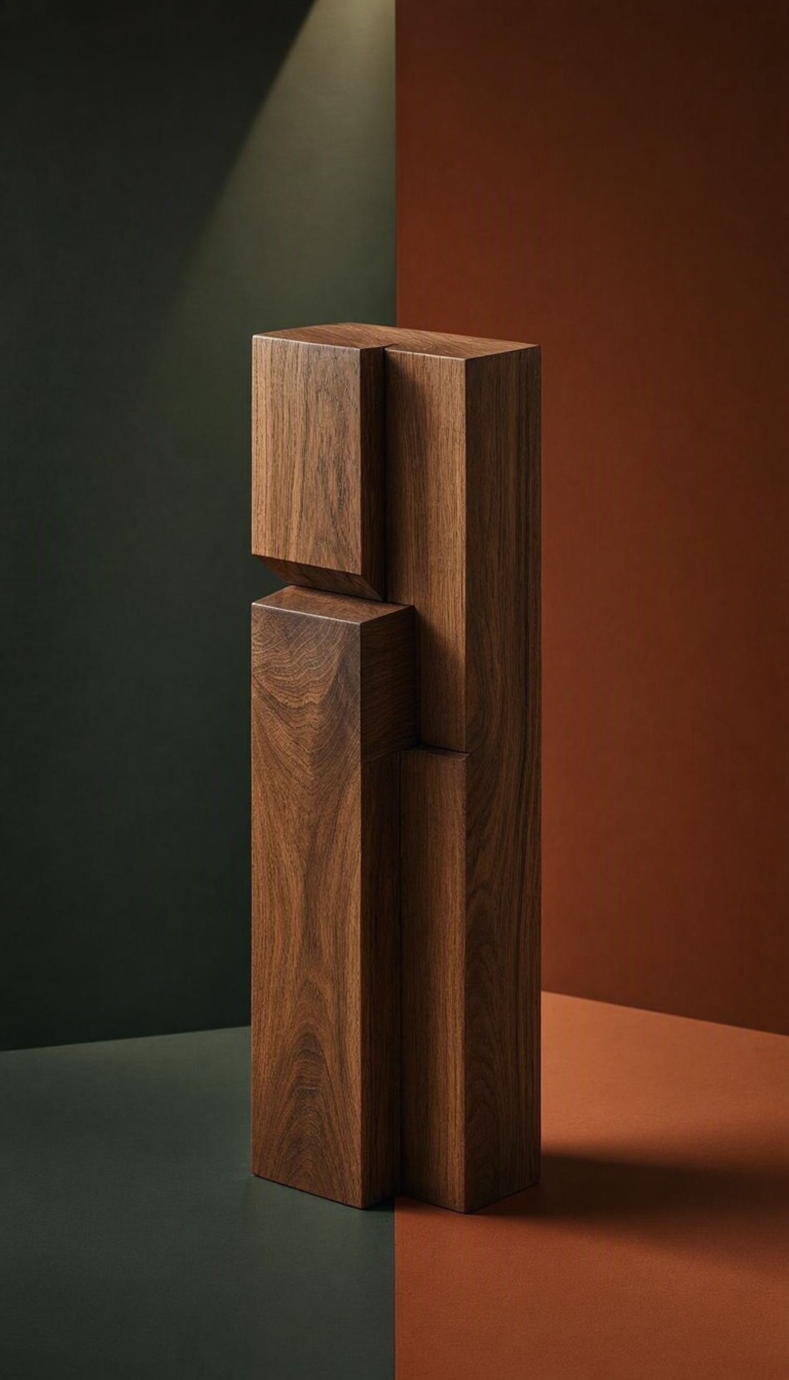 Precisely joined hardwood forms against forest green and terracotta planes