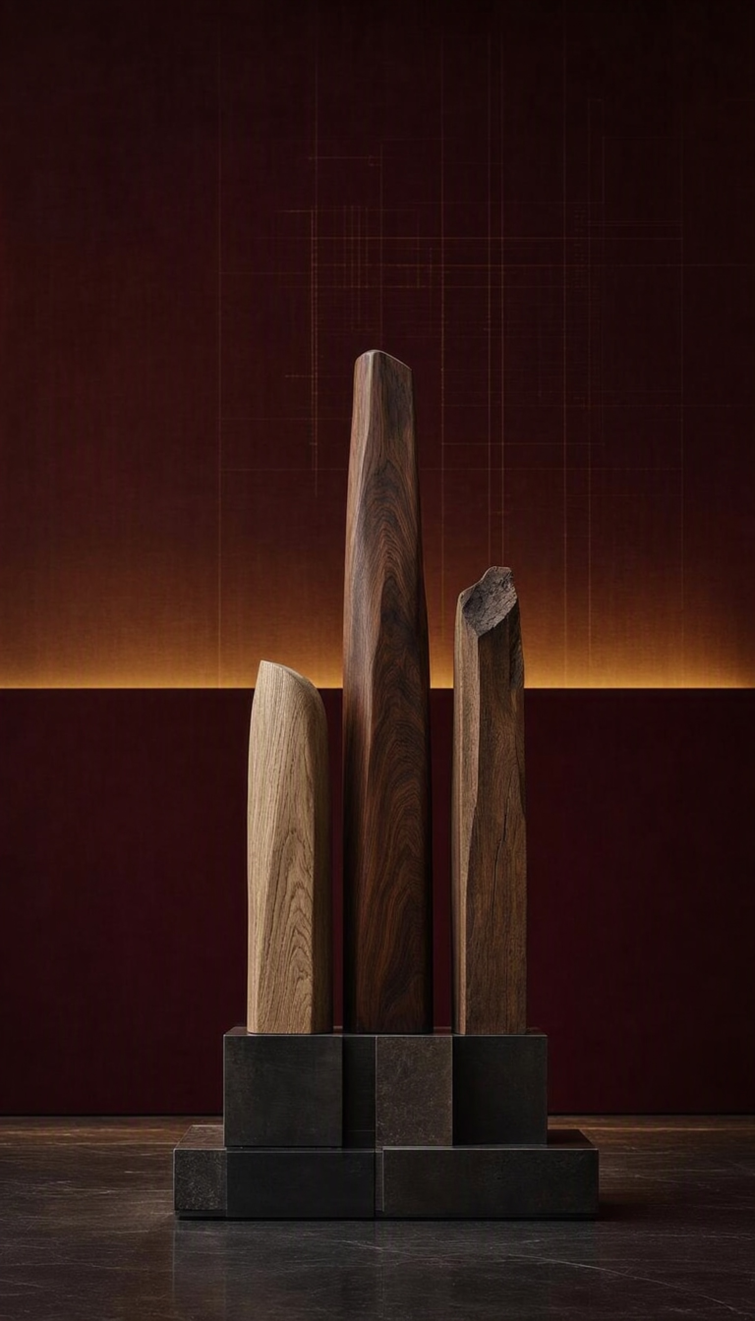 Three distinct timber forms rising from one architectural base