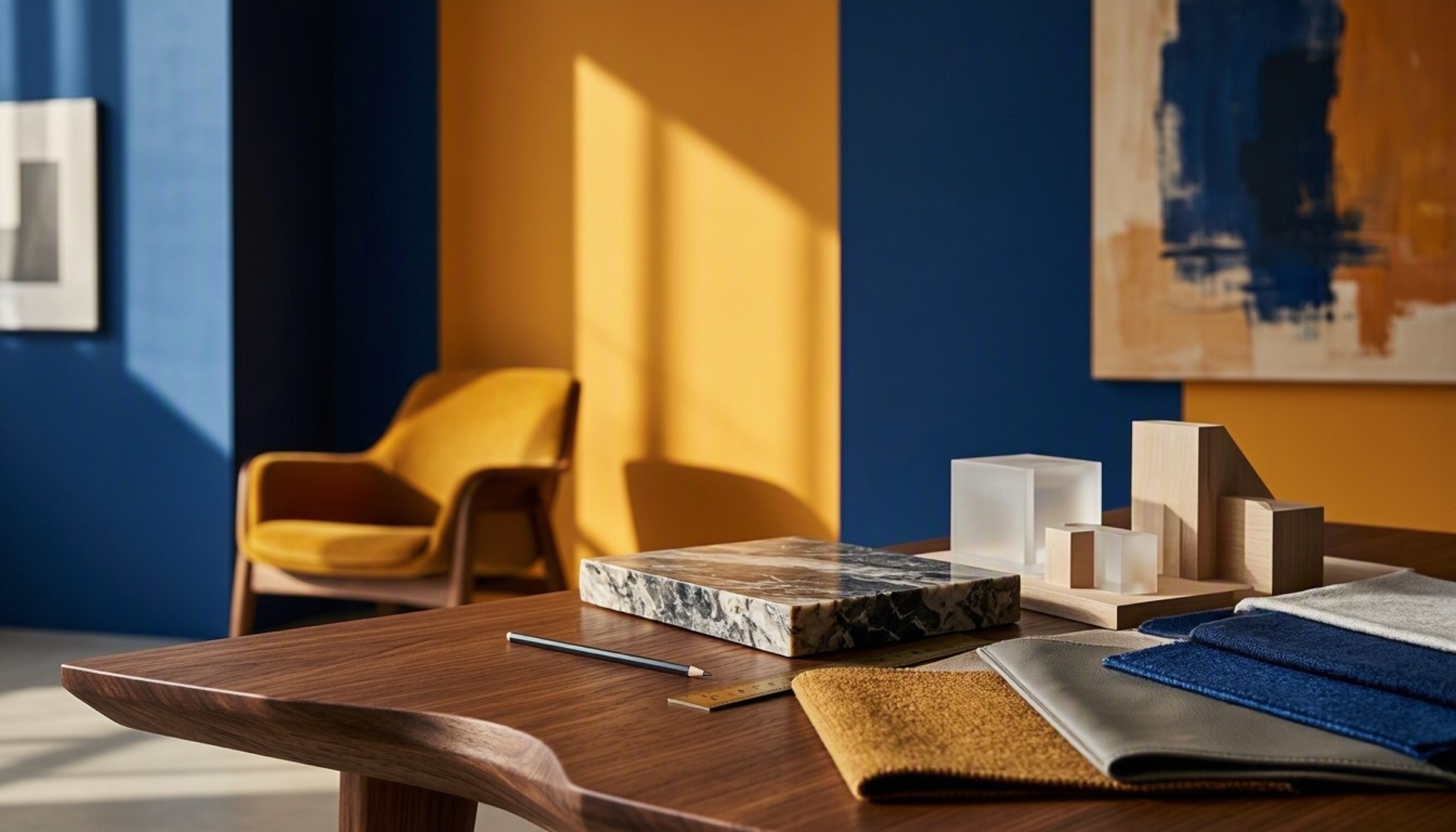 Furniture, material samples, and architectural forms in an art-directed project setting